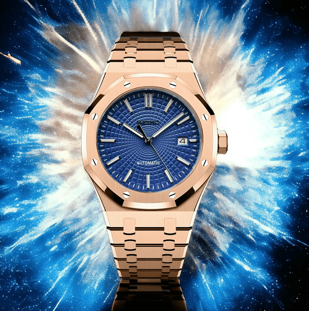 Seiko Mod Watch Royal Oak Gold Blue Rose gold strap