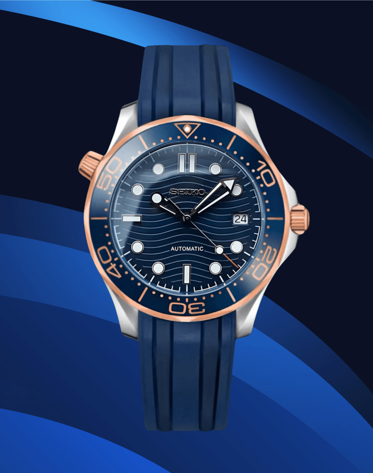 Seiko Mod watch Seamaster Rose Gold Blue rubber band